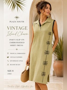 Vintage Palm Tree Embroidered Linen Blend Shift Dress | Coastal Resort Quiet Lux